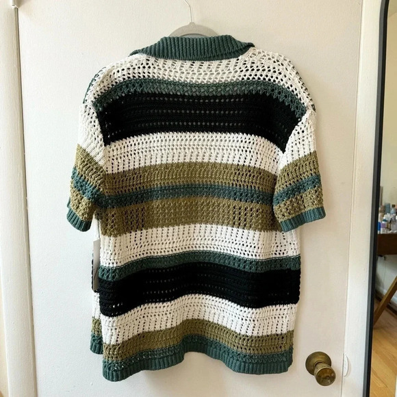NWT Zara Oversized Knit Polo Sweater Short Sleeve Button Down Stripe Green S/M - Picture 7 of 7